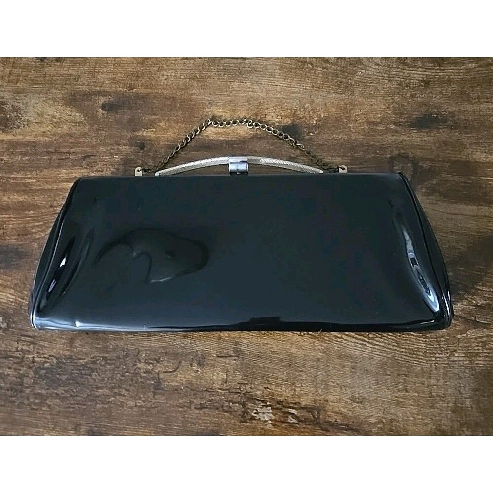 Vintage 50s Black Patent Leather Clutch Gold Chain Strap